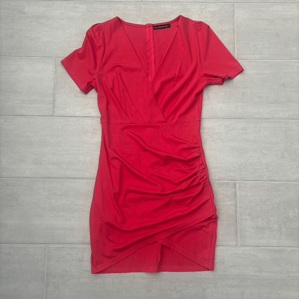 Sarin Mathews Bodycon Dress Surplice V Neck Short Sleeve Pink Ruched Tulip Hem S